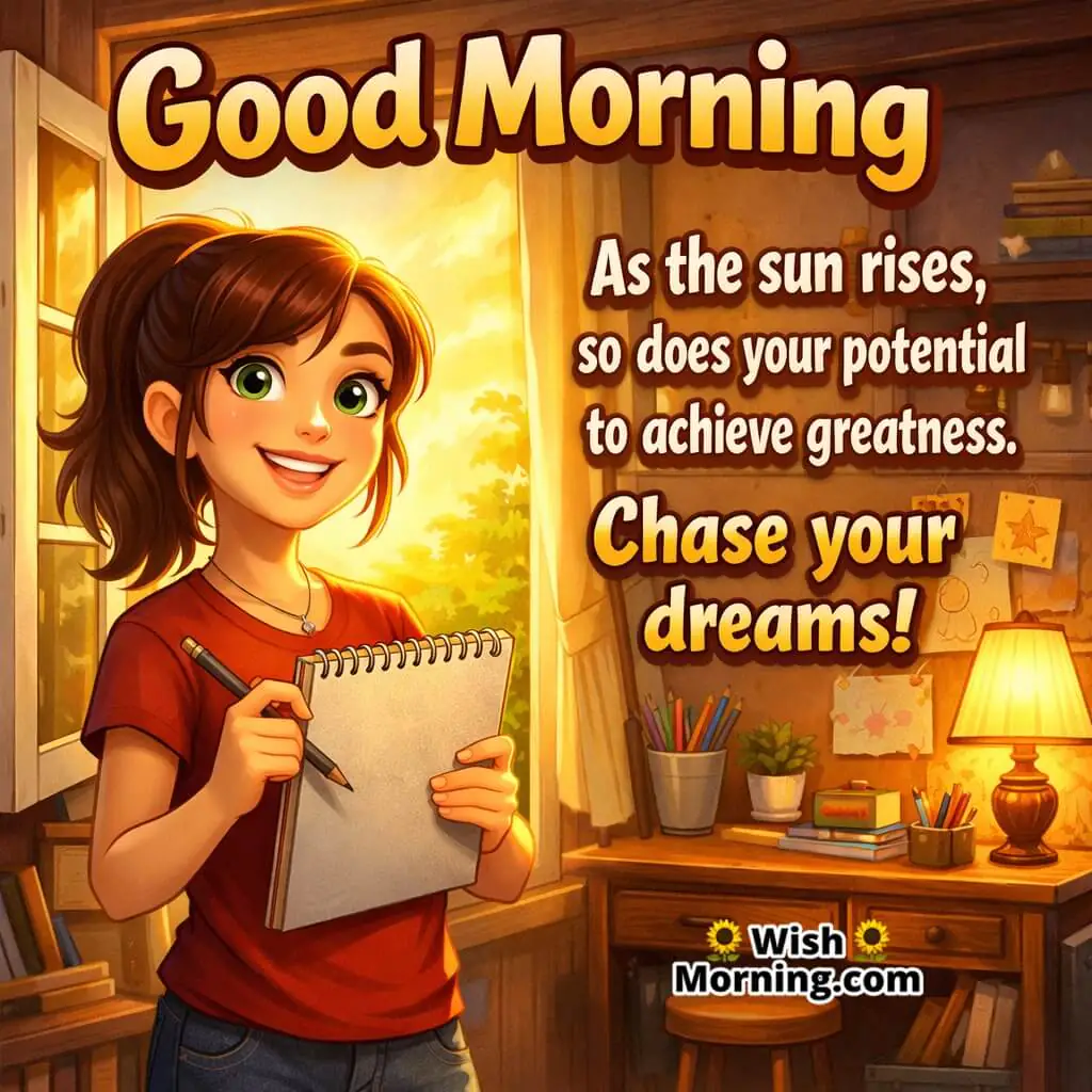 Good Morning image of girl with sketchpad in sunlit room, symbolizing creative energy and self-belief.