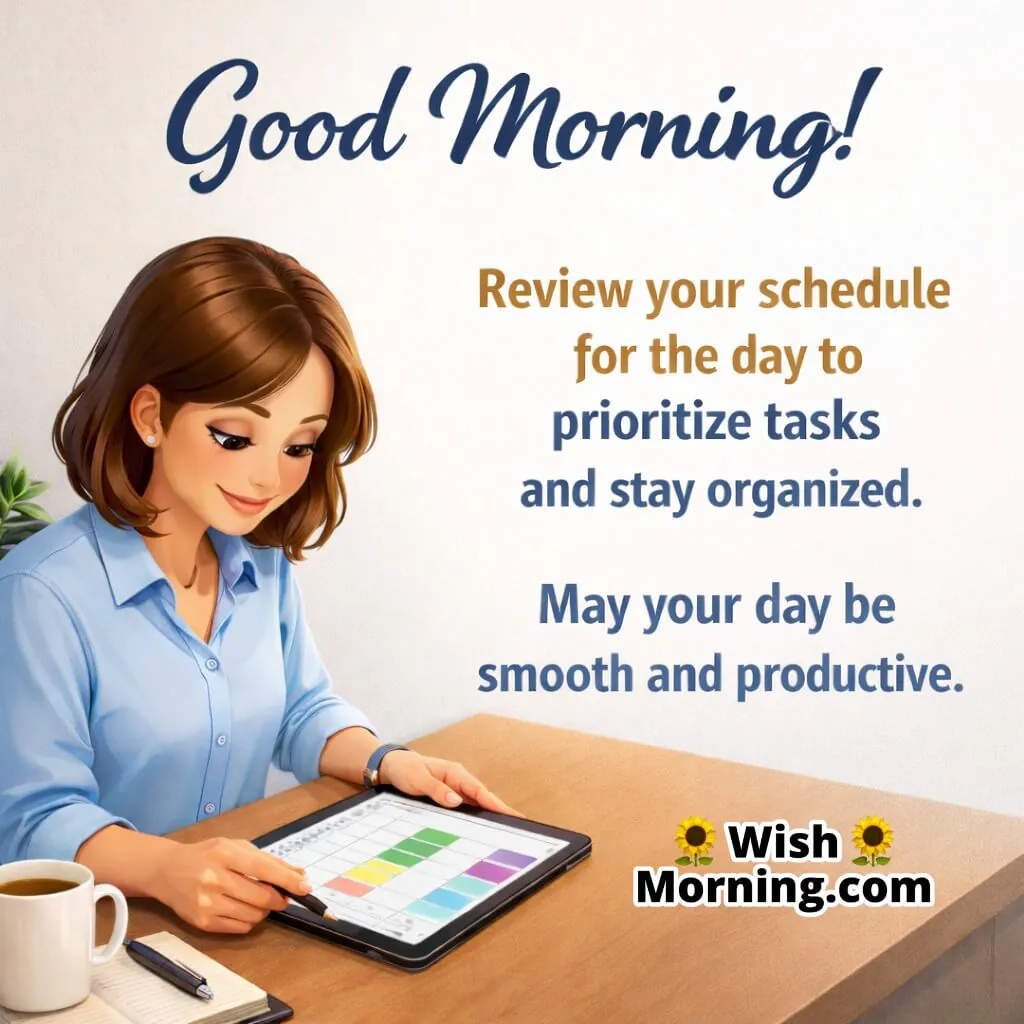 Good Morning image featuring a person reviewing planner at desk, symbolizing productivity and organization.