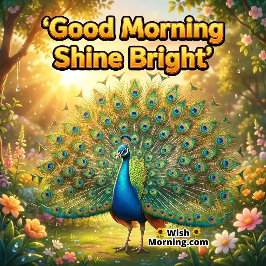 Good Morning Vibrant featuring a peacock opening its colourful feathers under sunrise light, symbolizing positivity and confidence.