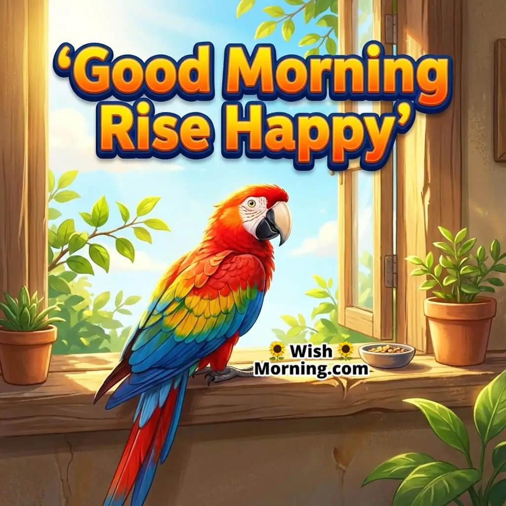 Good Morning Window Light featuring a parrot sitting on a sunlit window ledge with leaves and sky behind, symbolizing positivity and calm beginnings.
