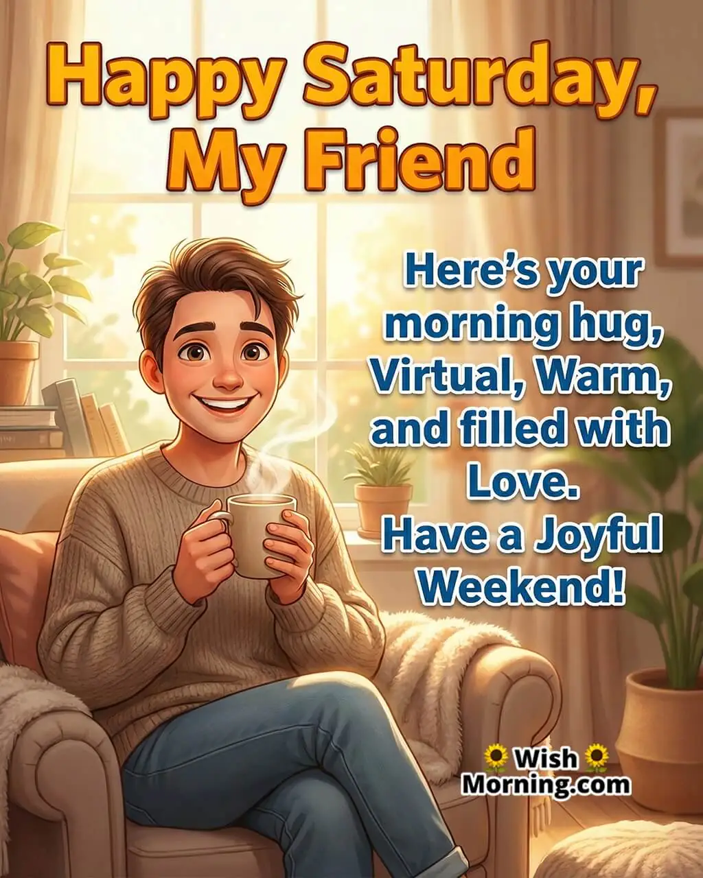 Happy Saturday my friend image featuring a warm smiling person in a cozy morning setting, symbolizing friendship, comfort, and caring weekend vibes.