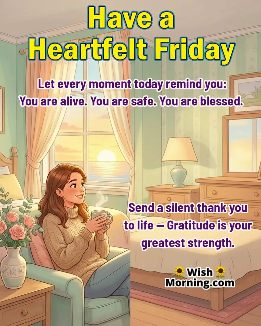 Heartfelt Friday Gratitude Blessing Message image featuring a peaceful woman by her window at sunrise, symbolizing calmness and thankfulness.