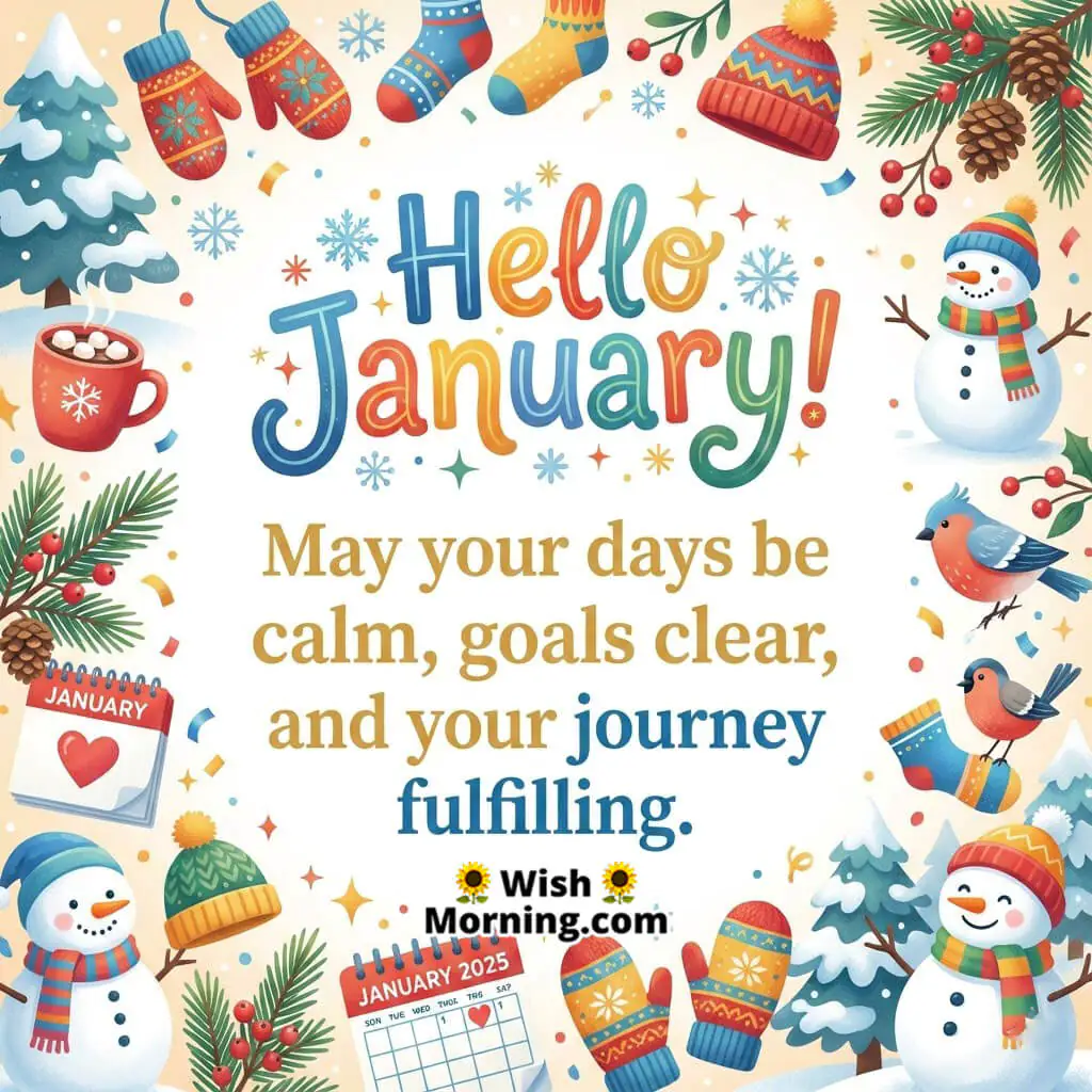 Hello January Calm Positive Wishes illustrated with winter elements snowmen mittens birds calendar and cosy details symbolising peaceful days clear goals and a fulfilling journey.