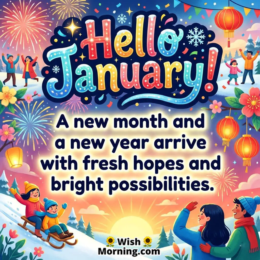Hello January Fresh Hopes Wishes showing a cheerful winter celebration with fireworks happy people lanterns and sunrise symbolising a new month new year and bright possibilities.