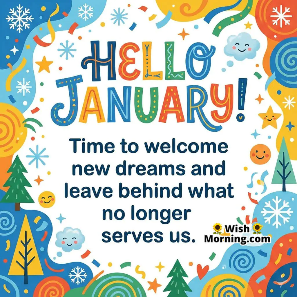 Hello January New Dreams Message featuring colourful festive patterns stars clouds trees and joyful symbols representing fresh dreams positivity and letting go of the past.