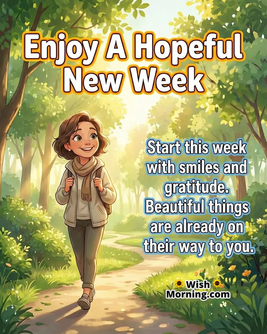 Hopeful New Week Positive Wish image featuring a cheerful woman walking through a sunlit park symbolizing hope, gratitude, and fresh beginnings.