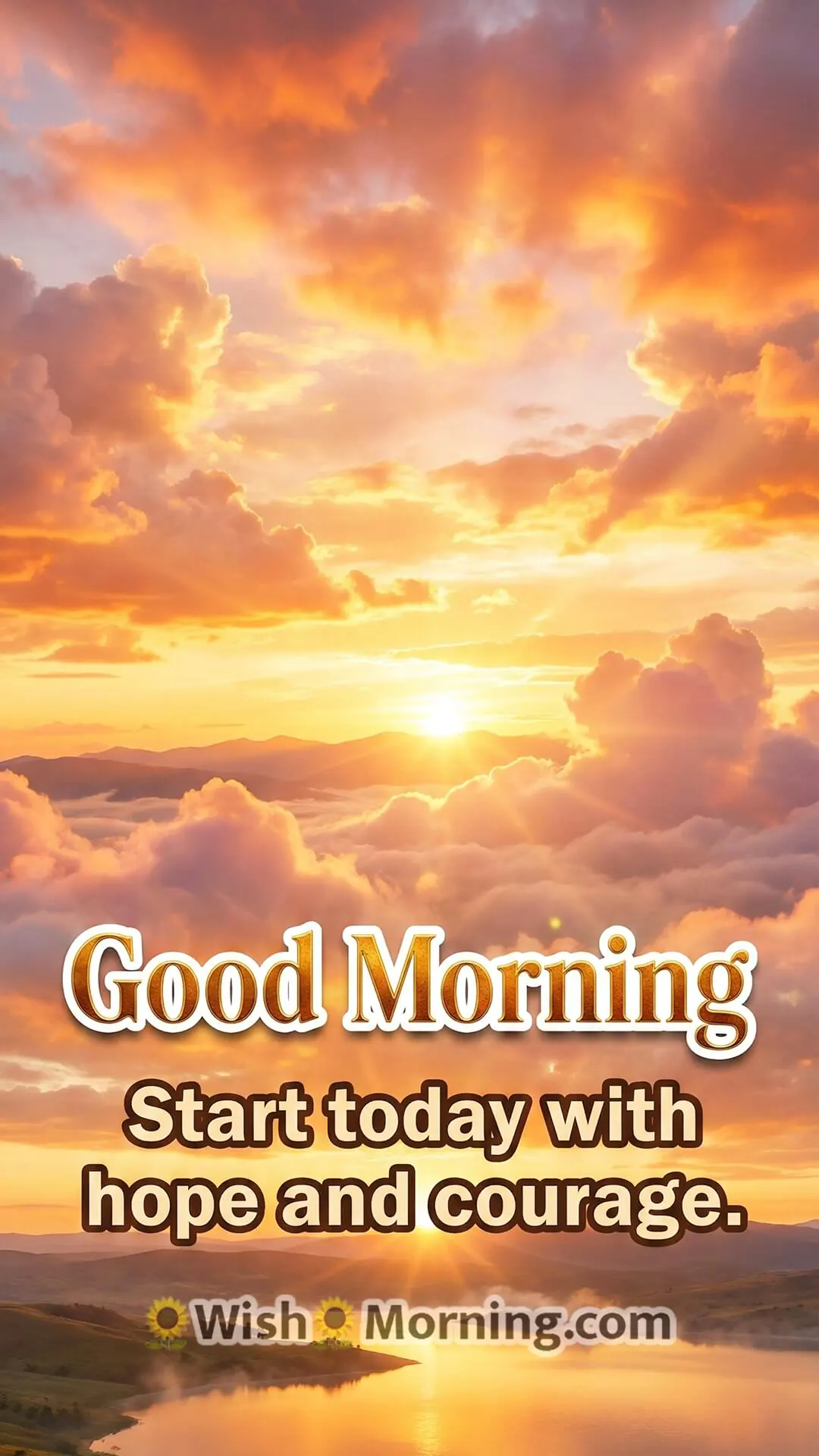 Good Morning mobile wallpaper featuring a colourful 3D sunrise with an uplifting motivational quote.