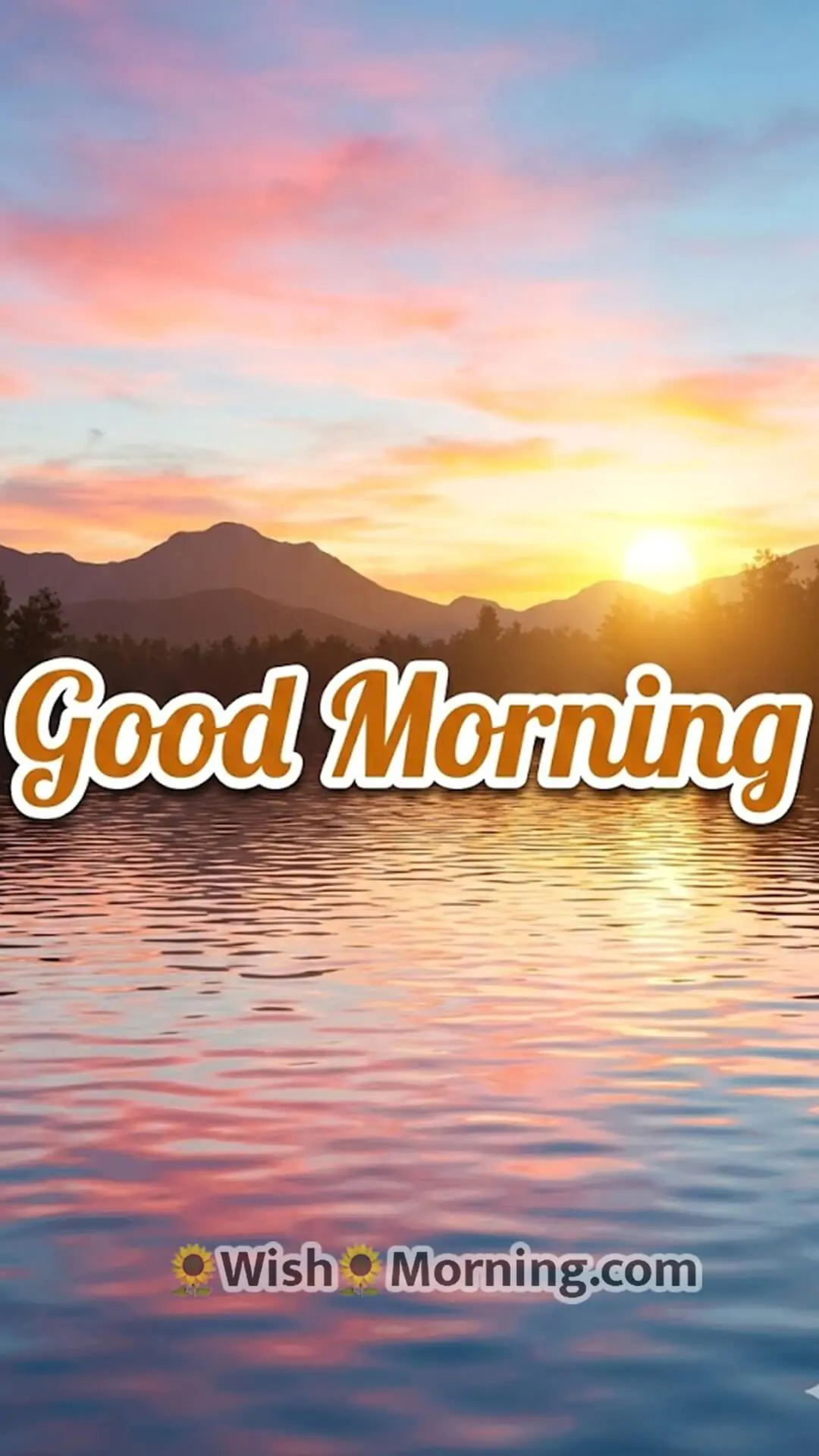 Good Morning sunrise wallpaper showing colourful 3D sunlight reflecting on a calm lake surface.