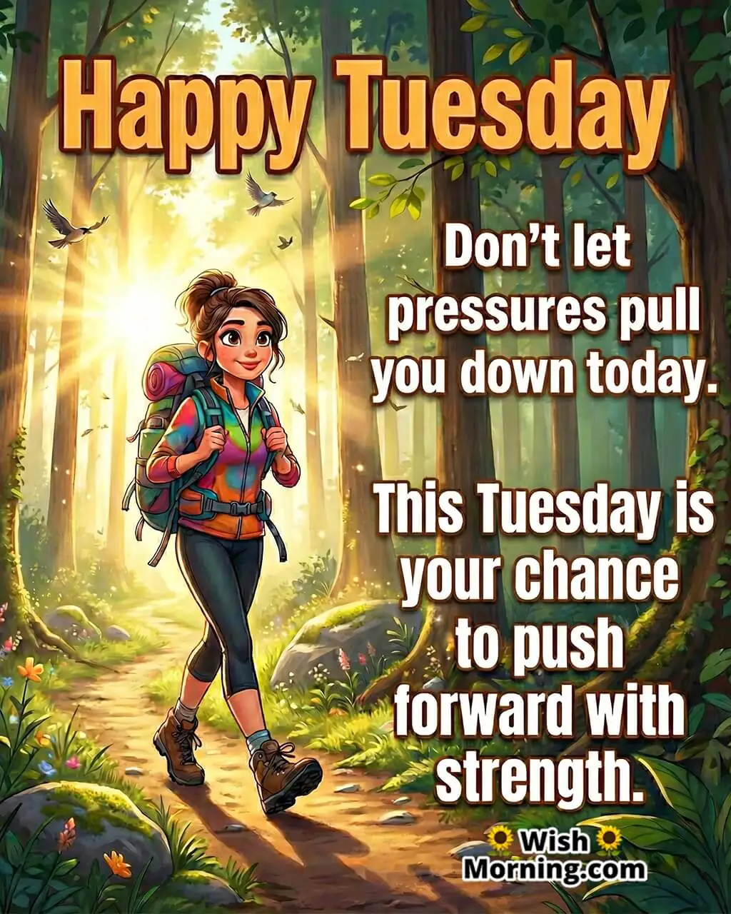 Motivational Happy Tuesday Morning Quote Image featuring a confident person on a sunrise trail symbolizing energy, determination, and steady progress.
