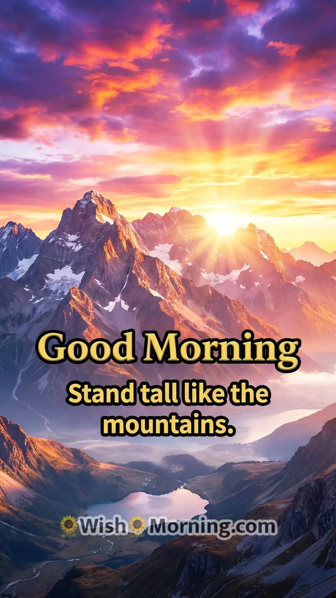 Good Morning mobile wallpaper with strong mountain scenery and an inspiring morning message.