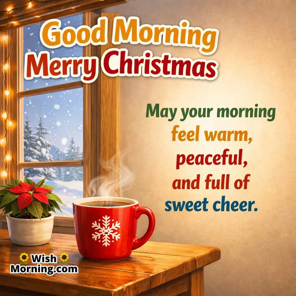 Peaceful Merry Christmas Wish image featuring a bright cheerful festive morning mood symbolizing peace, comfort, and joyful beginnings.