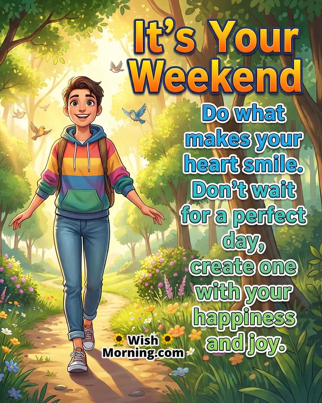 Positive and motivational weekend image featuring a person walking confidently along a sunlit path, symbolizing optimism, freedom, and mindful living.