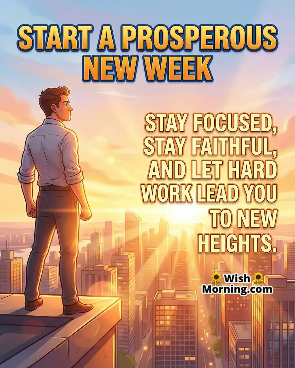 Prosperous New Week Success Quote image featuring a person overlooking a sunrise city skyline symbolizing ambition, progress, and opportunity.
