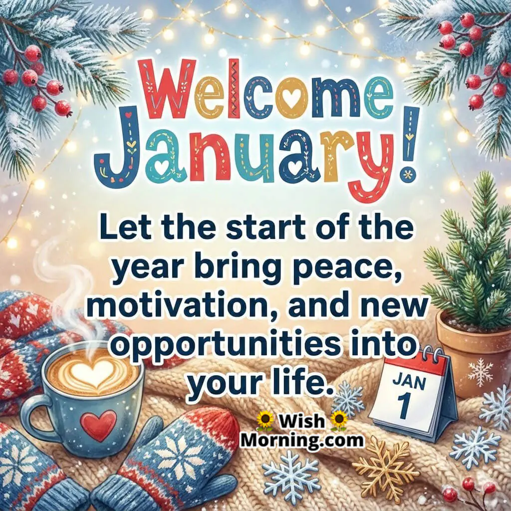 Welcome January Good Morning Wishes showing a cosy winter morning setup with coffee cup warm lights calendar and festive decor symbolising peace motivation and new opportunities.