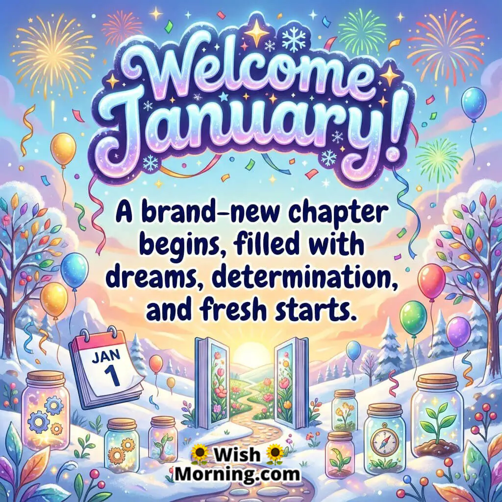 Welcome January Inspirational Wishes illustrated with colourful celebrations open doors balloons and symbolic elements representing dreams determination and fresh starts.
