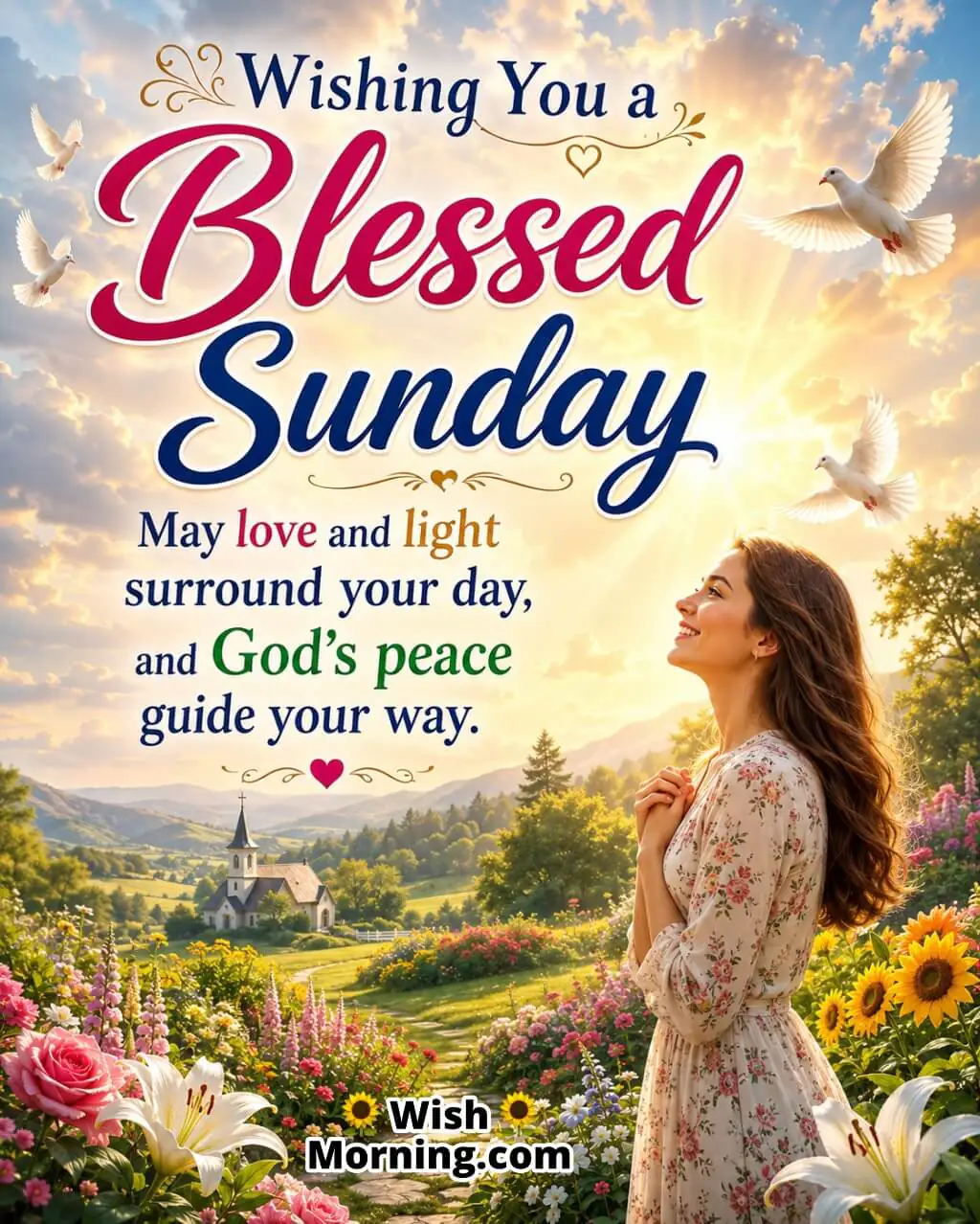 Blessed Sunday image featuring a smiling person in a beautiful flower garden with golden sunlight, blooming flowers, flying doves, soft clouds, and a peaceful countryside landscape, symbolizing gratitude, hope, faith, and God's loving blessings on a joyful Sunday morning.