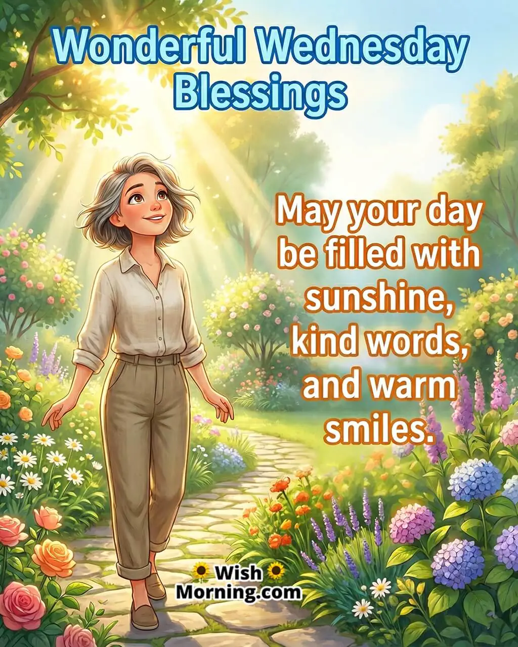 Wonderful Wednesday Morning Blessing Image featuring a cheerful person in a sunny garden smiling with open expressive eyes symbolizing warmth, positivity, and midweek joy.