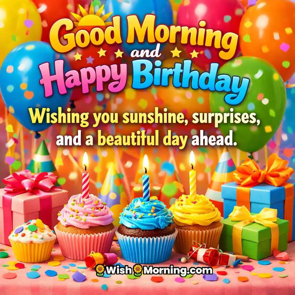 Balloon Surprise Good Morning Happy Birthday Wish image featuring colourful balloons cupcakes confetti and gift boxes on a festive table symbolizing excitement and cheerful birthday vibes