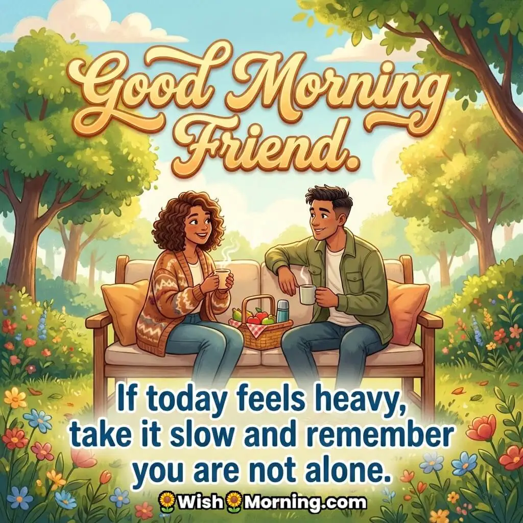 Good Morning Friend image featuring two friends sitting together with tea in a garden, symbolizing comfort emotional support and togetherness.