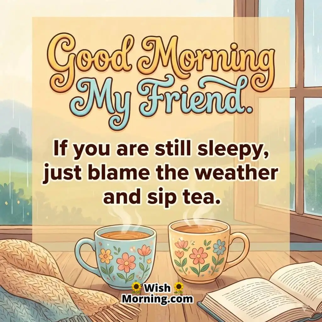 Good Morning My Friend image featuring two tea cups by a window with rain outside, symbolizing lazy mornings warmth and light humour.
