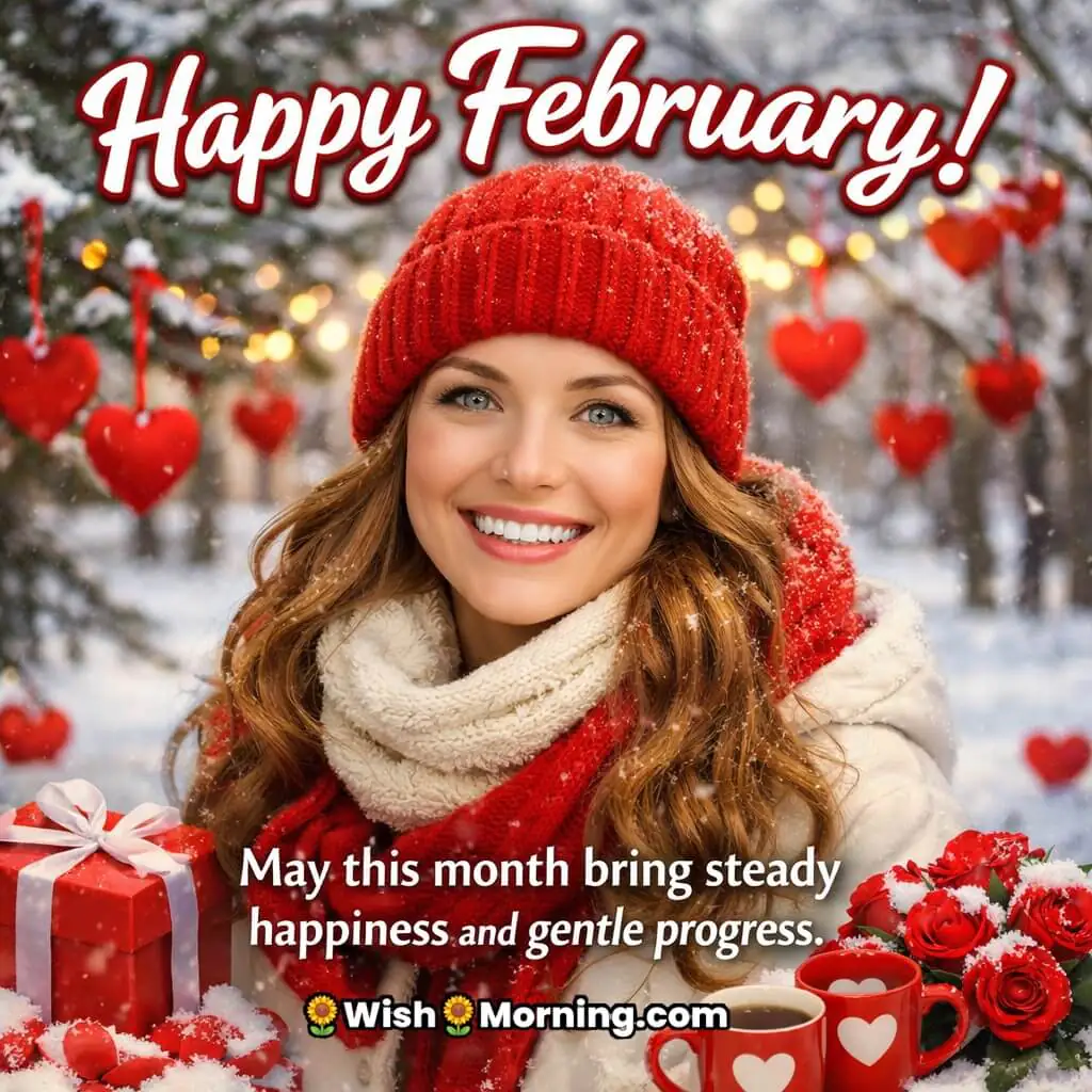 February Morning with Gentle Wishes showing a smiling woman outdoors in winter attire with gifts and warm drinks, symbolising steady happiness and peaceful progress.