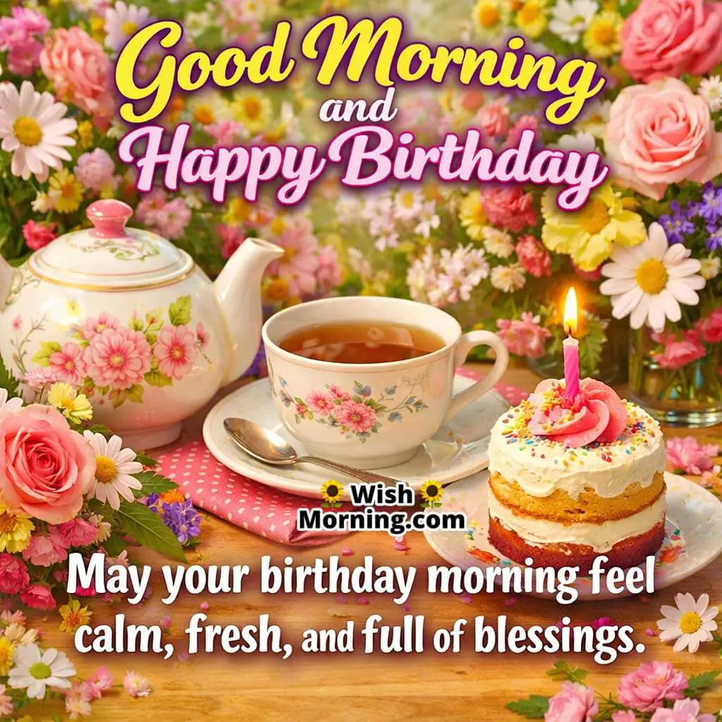Floral Tea Birthday Good Morning Blessing image featuring a teapot tea cup fresh flowers and a mini cake with candle symbolizing calm blessings and a fresh birthday start