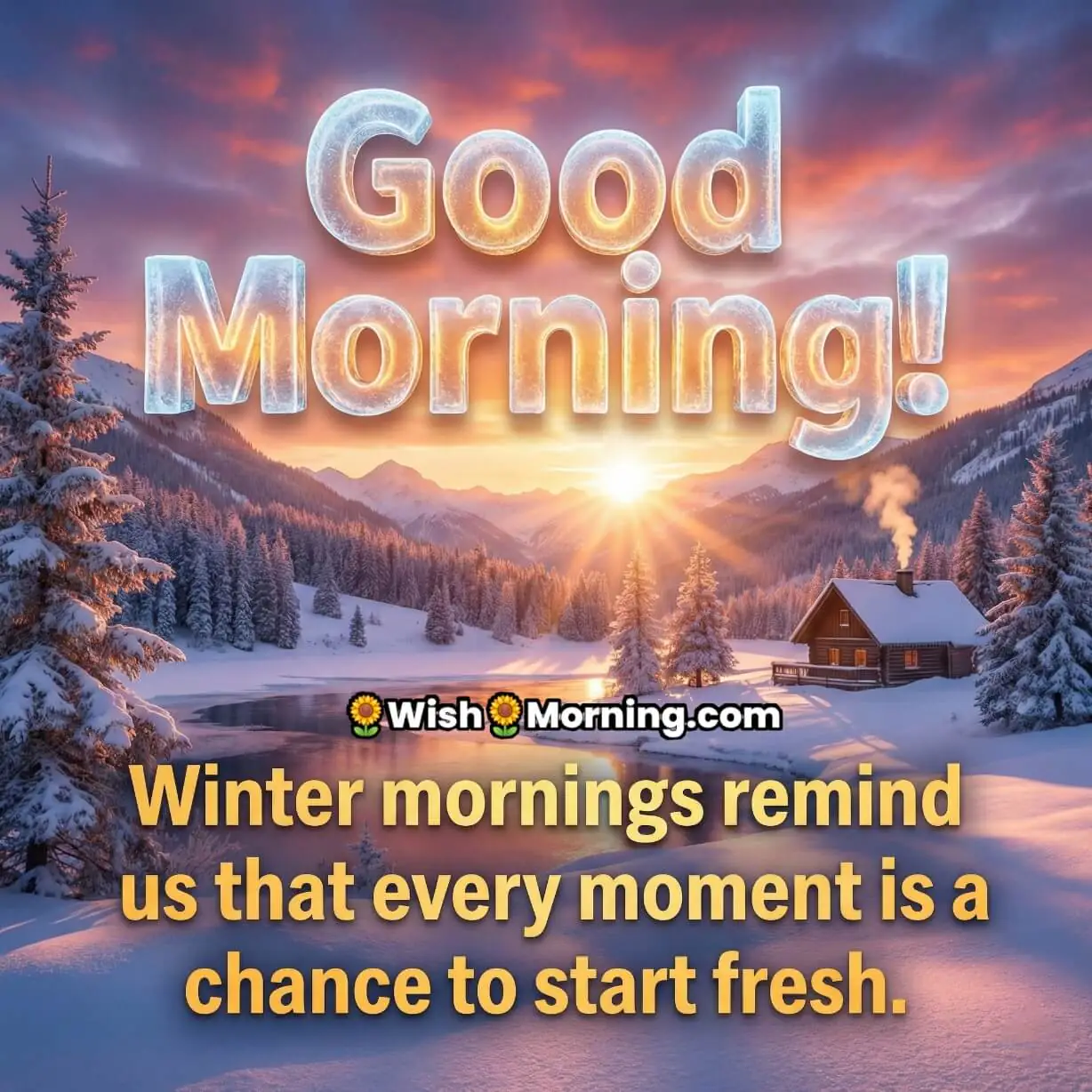 Fresh Start Winter Good Morning Quote image featuring snowy mountains a river cabin and sunrise glow, symbolising hope renewal and peaceful winter mornings.