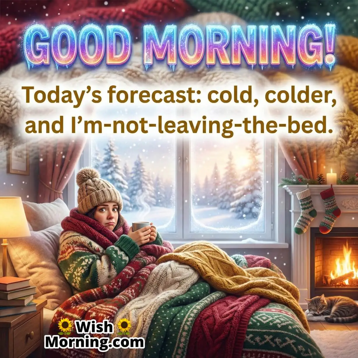 Funny Cozy Winter Good Morning Message image featuring a person wrapped in blankets with coffee indoors while snow falls outside, symbolising humour comfort and lazy winter mornings.