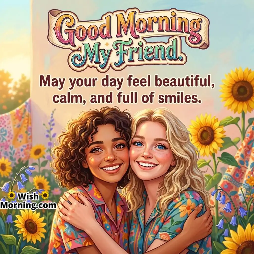 Good Morning Beautiful Day Wish for Friend image featuring two friends hugging in a sunny floral field, symbolising happiness warmth and emotional comfort.