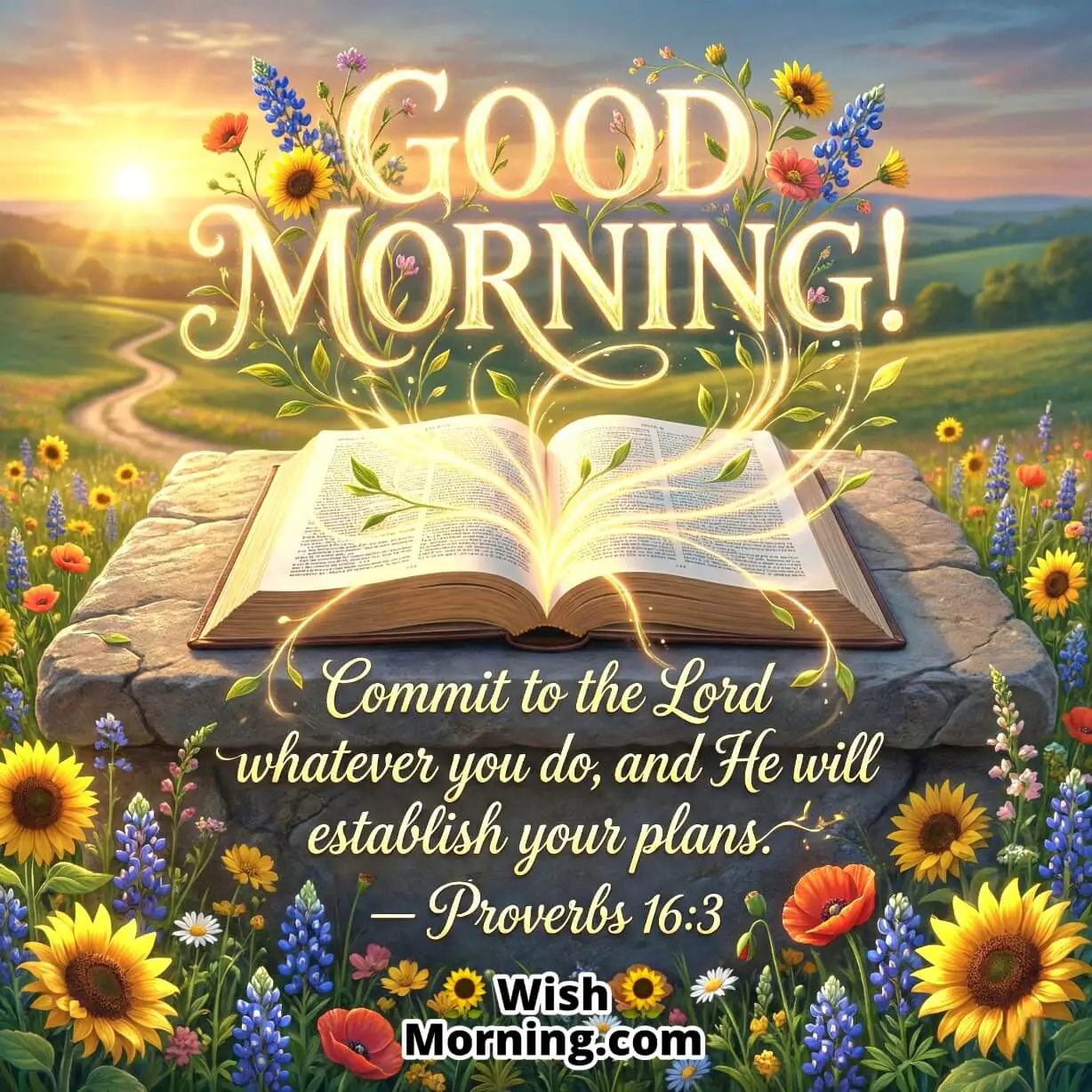 Good Morning Bible Verse Image with Proverbs 16:3, featuring an open Bible on a stone altar surrounded by sunflowers and wildflowers under a morning sky, symbolizing trust in God’s plan and divine direction for the day.