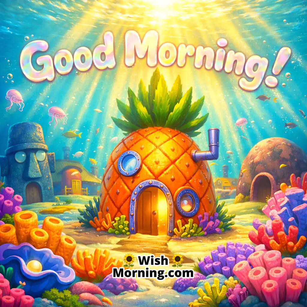 Good Morning Bikini Bottom Sunrise featuring golden sunlight shining through the ocean onto SpongeBob’s pineapple house and colorful coral in a bright underwater morning scene.