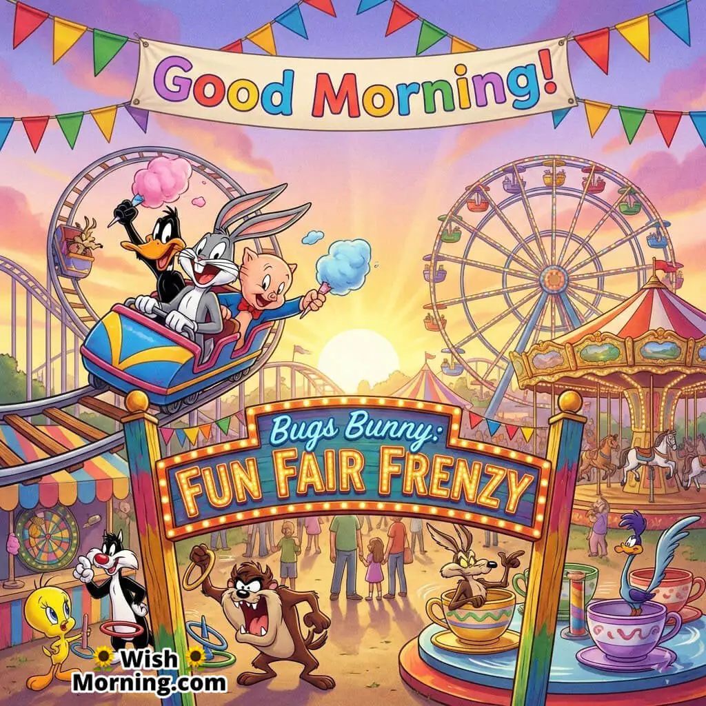 Good Morning Bugs Bunny Carnival Fun featuring Bugs on a roller coaster with friends and flying snacks, title placed on the fairground gate sign.