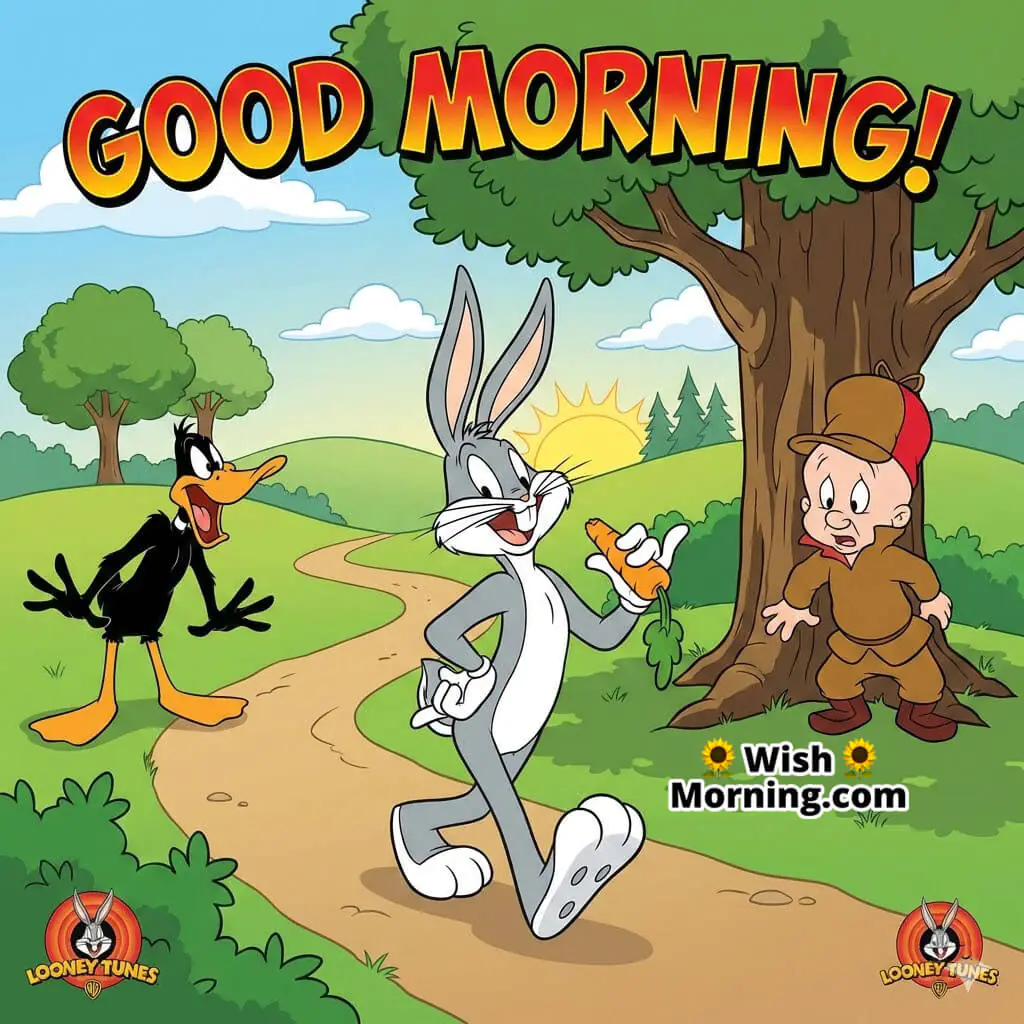 Good Morning Bugs Bunny Classic Fun featuring Bugs confidently strolling while Elmer Fudd hides and Daffy Duck yells nearby in a funny Looney Tunes morning scene.