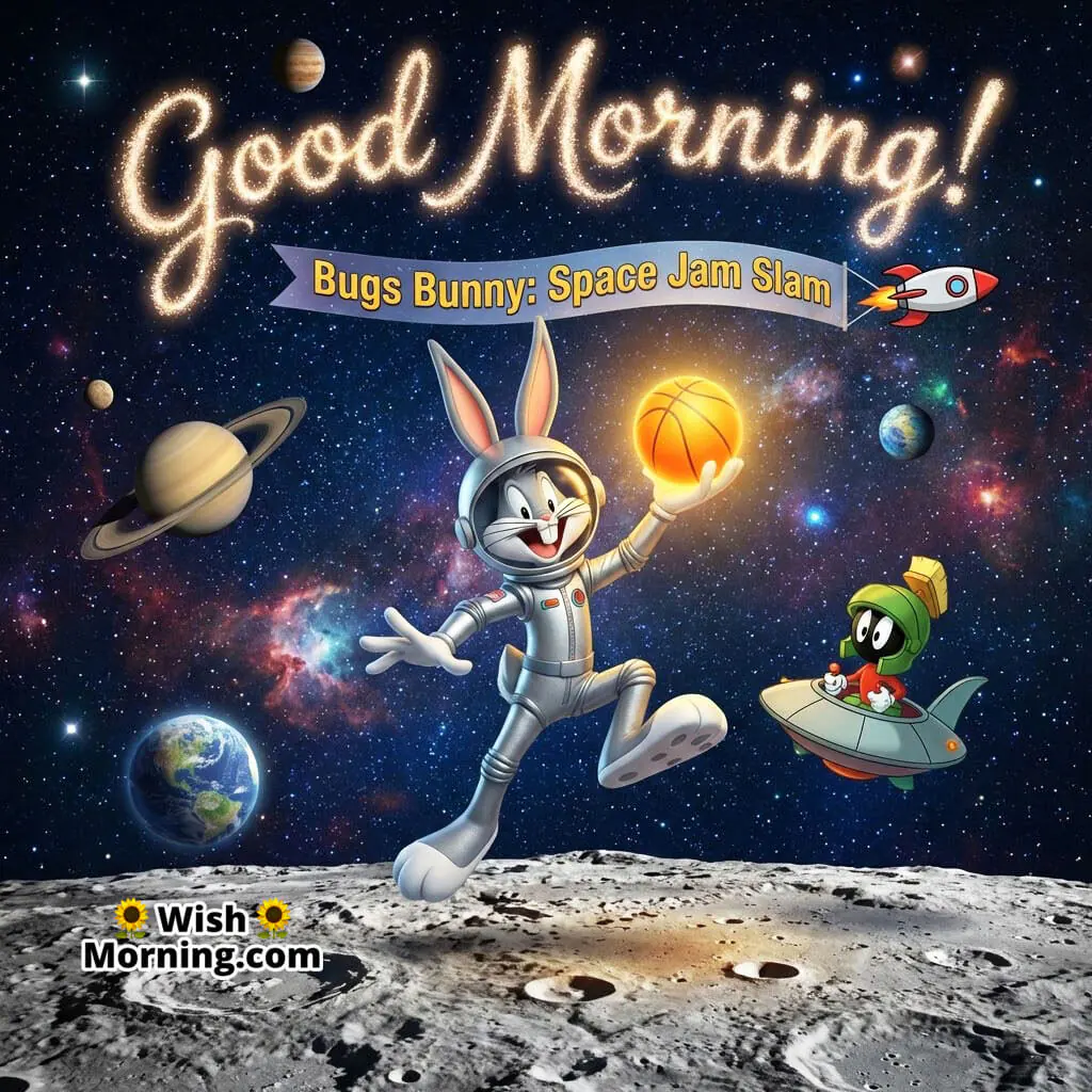 Good Morning Bugs Bunny Space Adventure showing Bugs in a spacesuit bouncing on the moon with a glowing basketball, title on a rocket banner.
