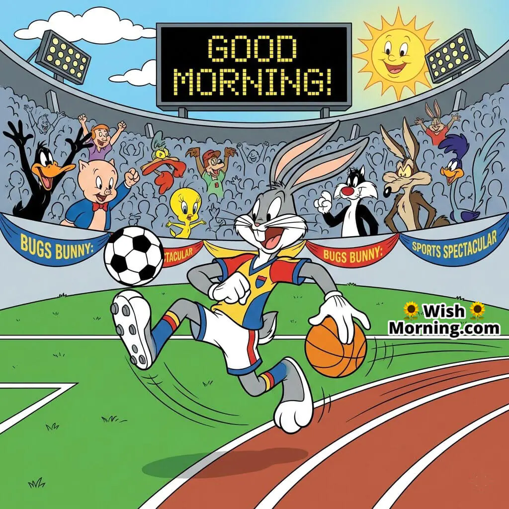 Good Morning Bugs Bunny Sports Event featuring Bugs playing basketball and soccer with Looney Tunes pals, title displayed on field banners.