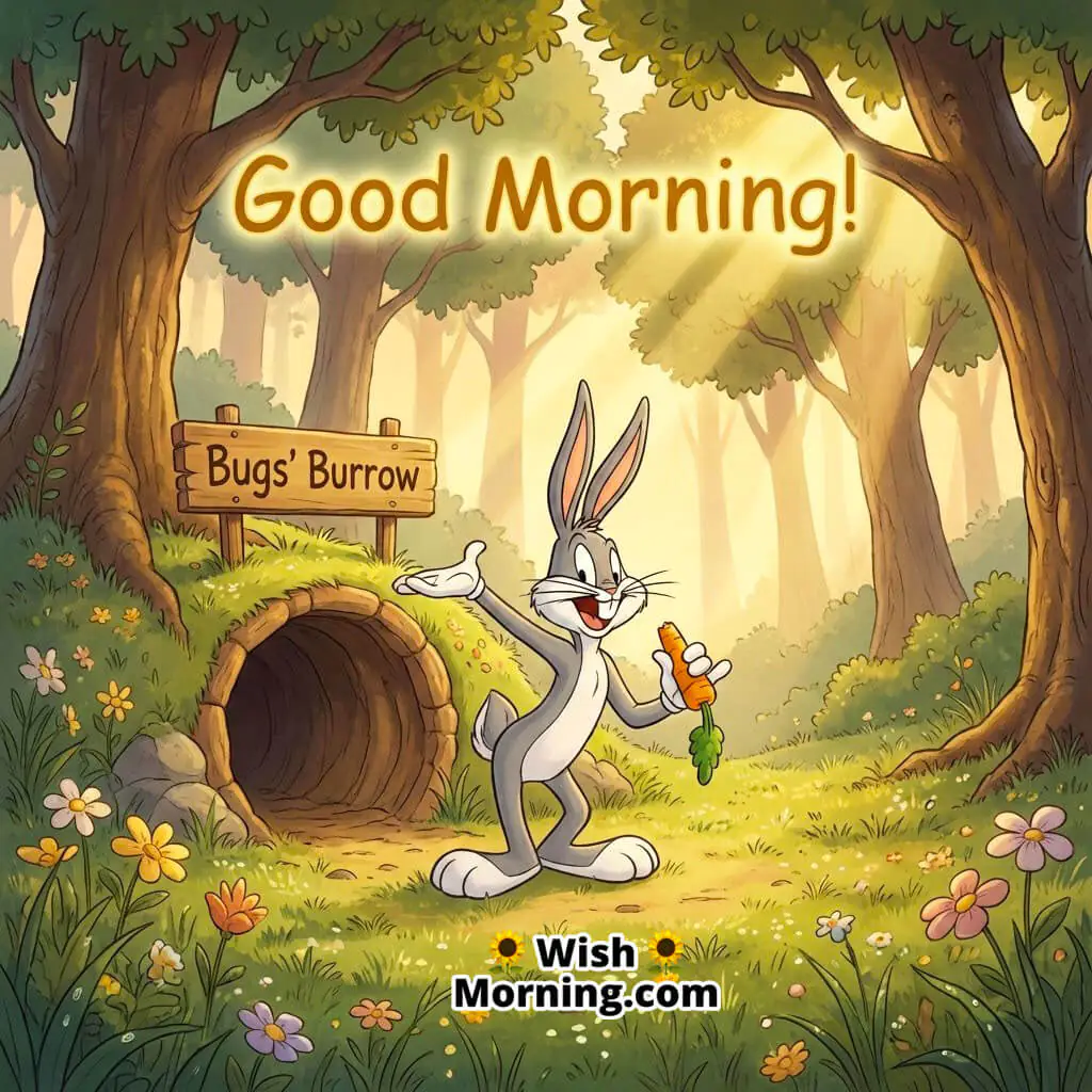 Good Morning Bugs Bunny Sunrise showing Bugs stretching outside his burrow with a carrot in hand, bathed in golden dawn light with cartoon trees and soft sun rays.
