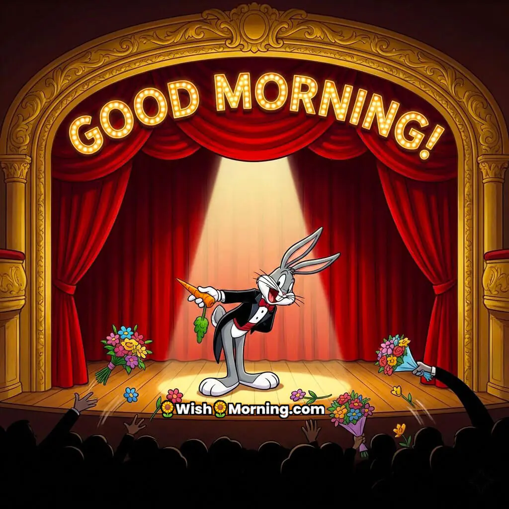 Good Morning Bugs Bunny Takes the Stage with Bugs bowing under a spotlight, holding a carrot as flowers fly and comic marquee lights glow in a cartoon theater.