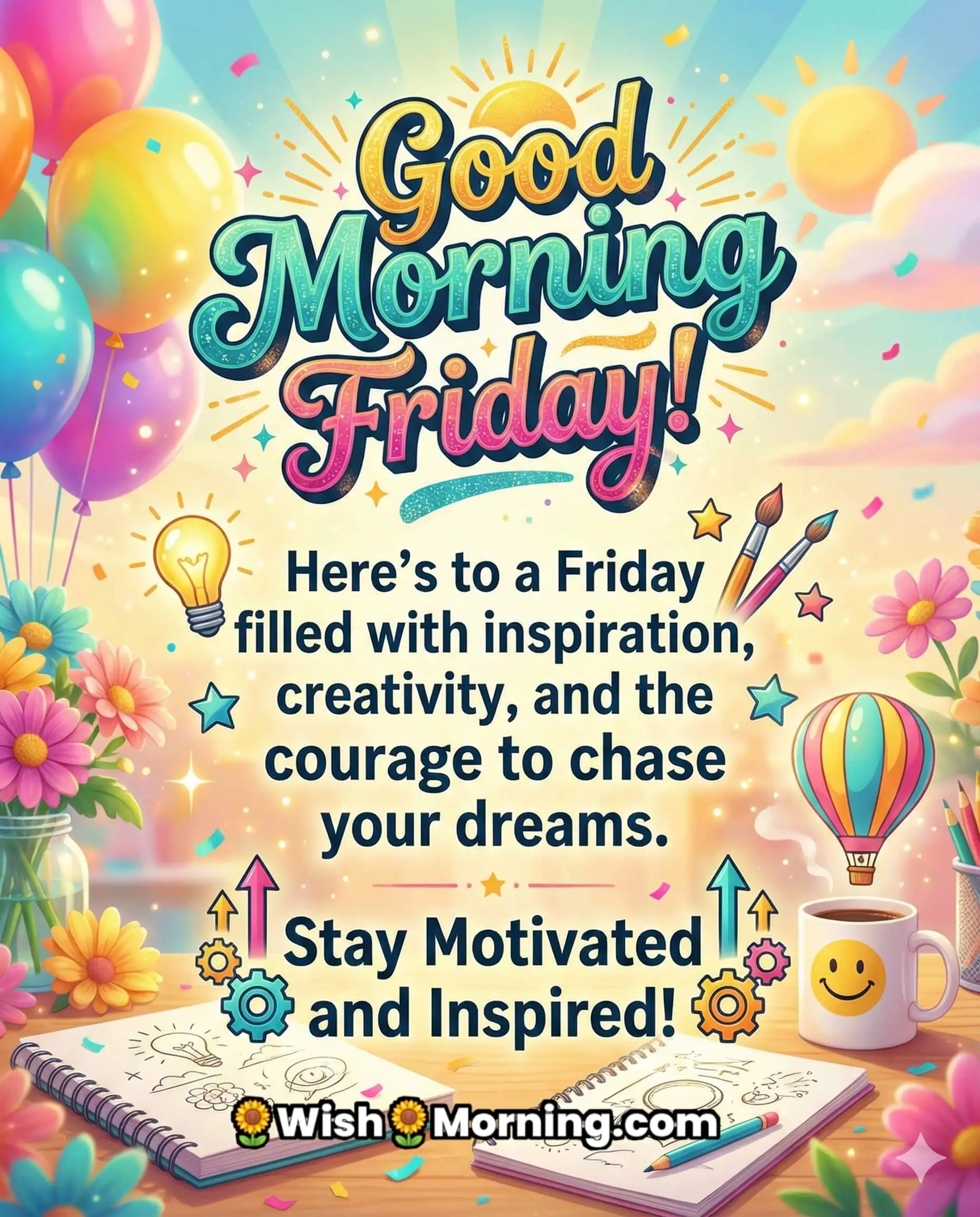 Good Morning Friday Message Image for Inspiration and Creativity, featuring balloons, flowers, a sunrise glow, sketchbooks, art brushes, and a smiling coffee mug, symbolising creativity, motivation, and happy Friday energy.