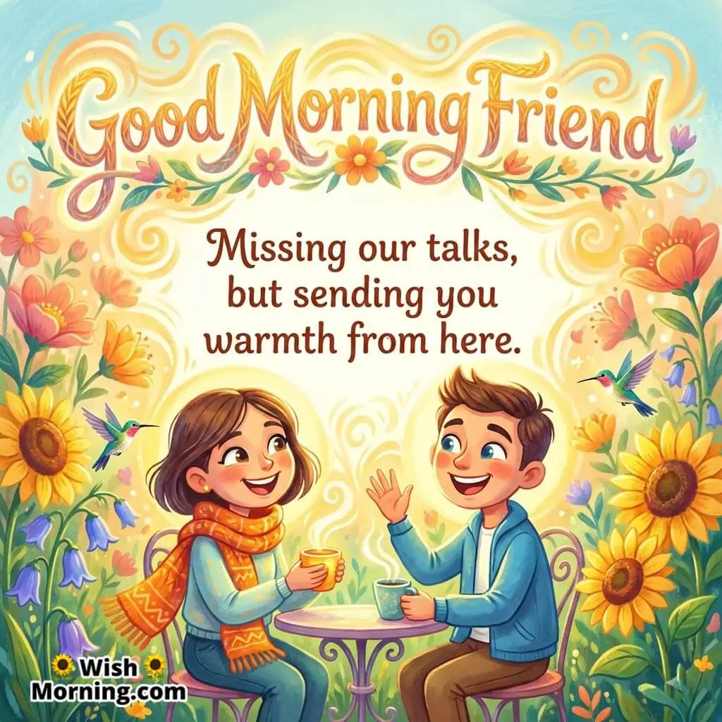 Good Morning Friend image featuring two friends chatting over tea surrounded by flowers and birds, symbolizing distance care and warm memories.