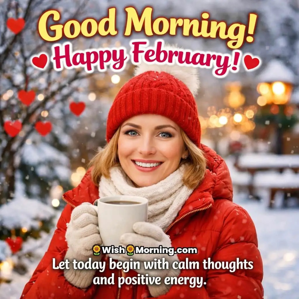 Good Morning Happy February Wish with a smiling woman in winter clothing holding a warm mug, set against falling snow and glowing lights, representing calm thoughts and positive energy.