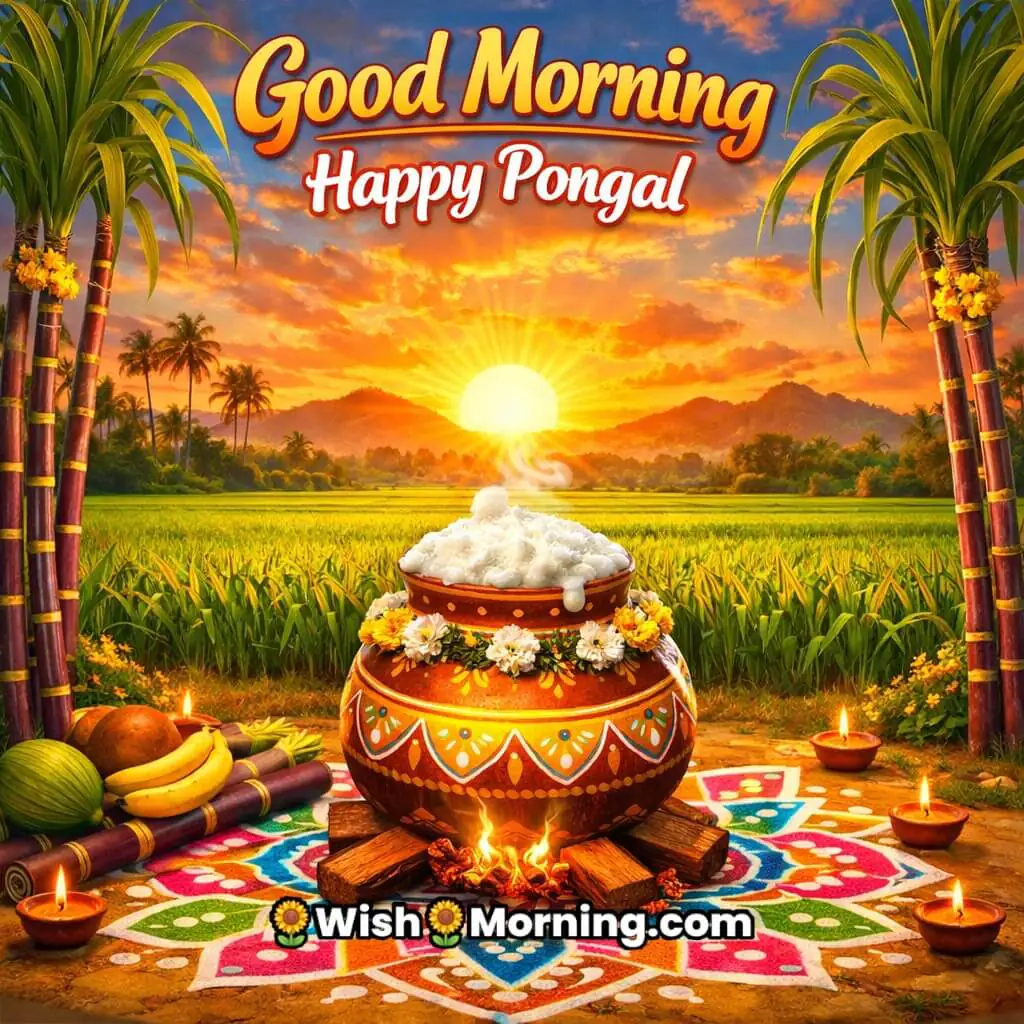 Good Morning Happy Pongal image featuring a bright sunrise over green fields, sugarcane, kolam design, and Pongal pot symbolizing new beginnings, prosperity, and positive energy.