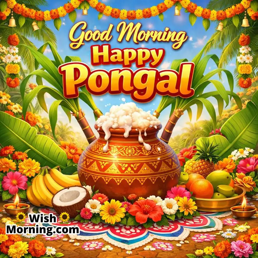Good Morning Happy Pongal image featuring a colourful festive setup with Pongal pot, flowers, banana leaves, and joyful cartoon elements symbolizing celebration and happiness.