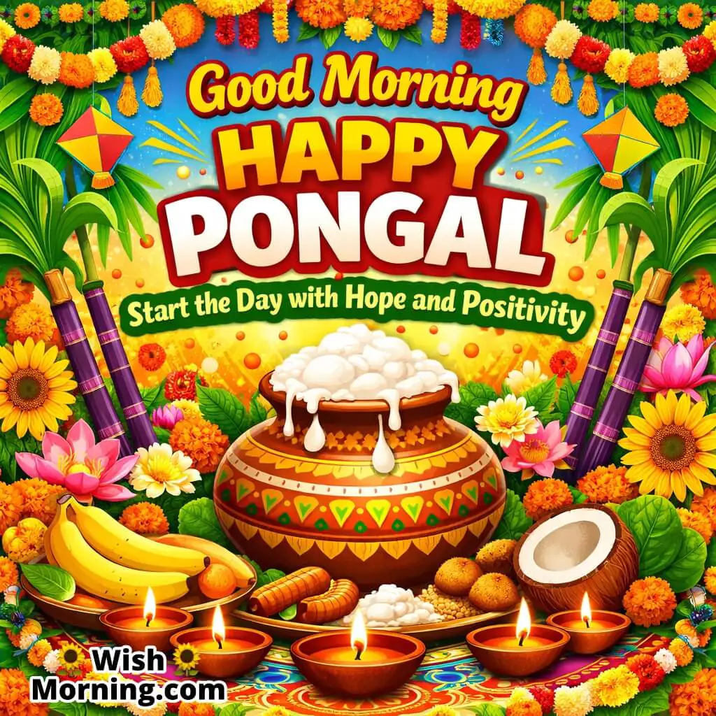 Good Morning Happy Pongal Message image featuring a bright festive Pongal setup with colourful decorations, Pongal pot, sugarcane, and flowers, symbolizing hope, positivity, and joyful celebration.