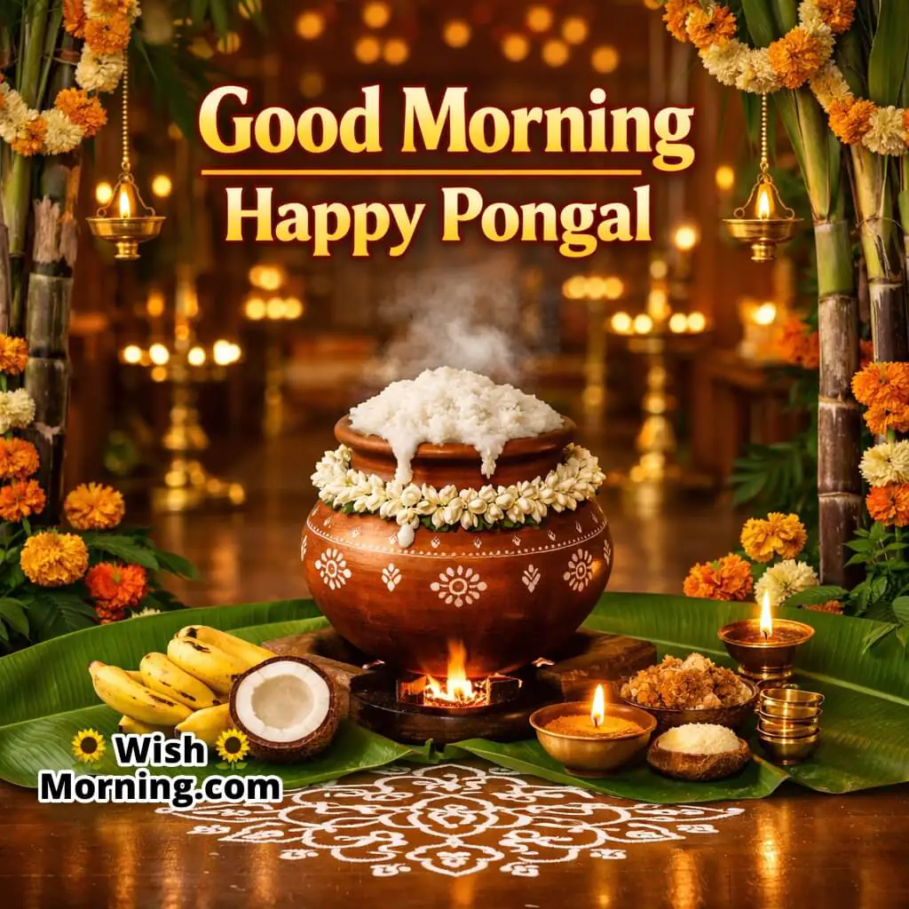 Good Morning Happy Pongal image featuring elegant traditional decorations, banana leaves, clay pot, marigold flowers, and soft festive lighting symbolizing peace and prosperity.
