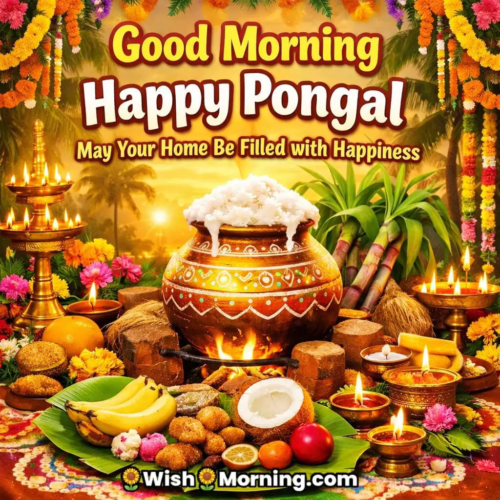 Good Morning Happy Pongal Wish image featuring festive Pongal decorations with lamps, banana leaves, flowers, and a Pongal pot, symbolizing family happiness, warmth, and togetherness.