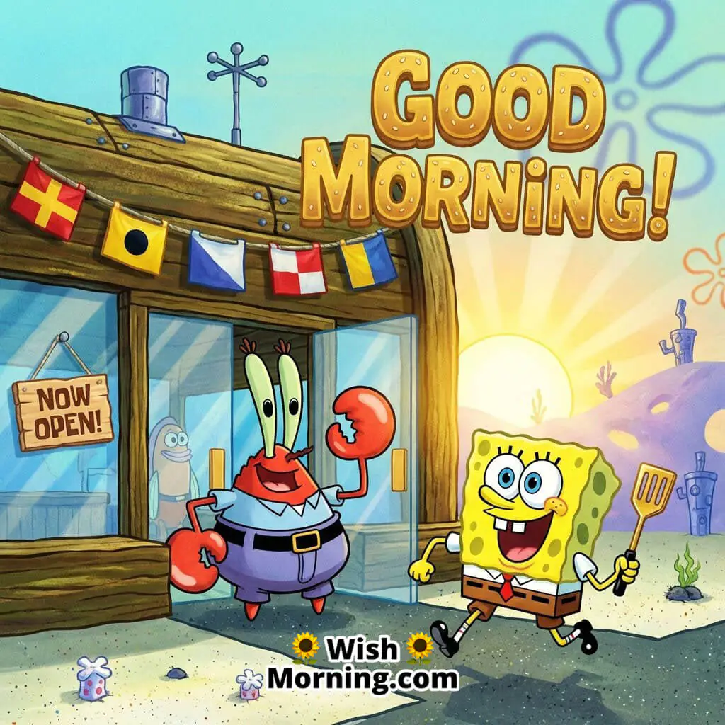 Good Morning Krusty Krab Welcome featuring Mr. Krabs greeting SpongeBob cheerfully at the restaurant entrance with a bright “Now Open” sign and sunny cartoon energy.
