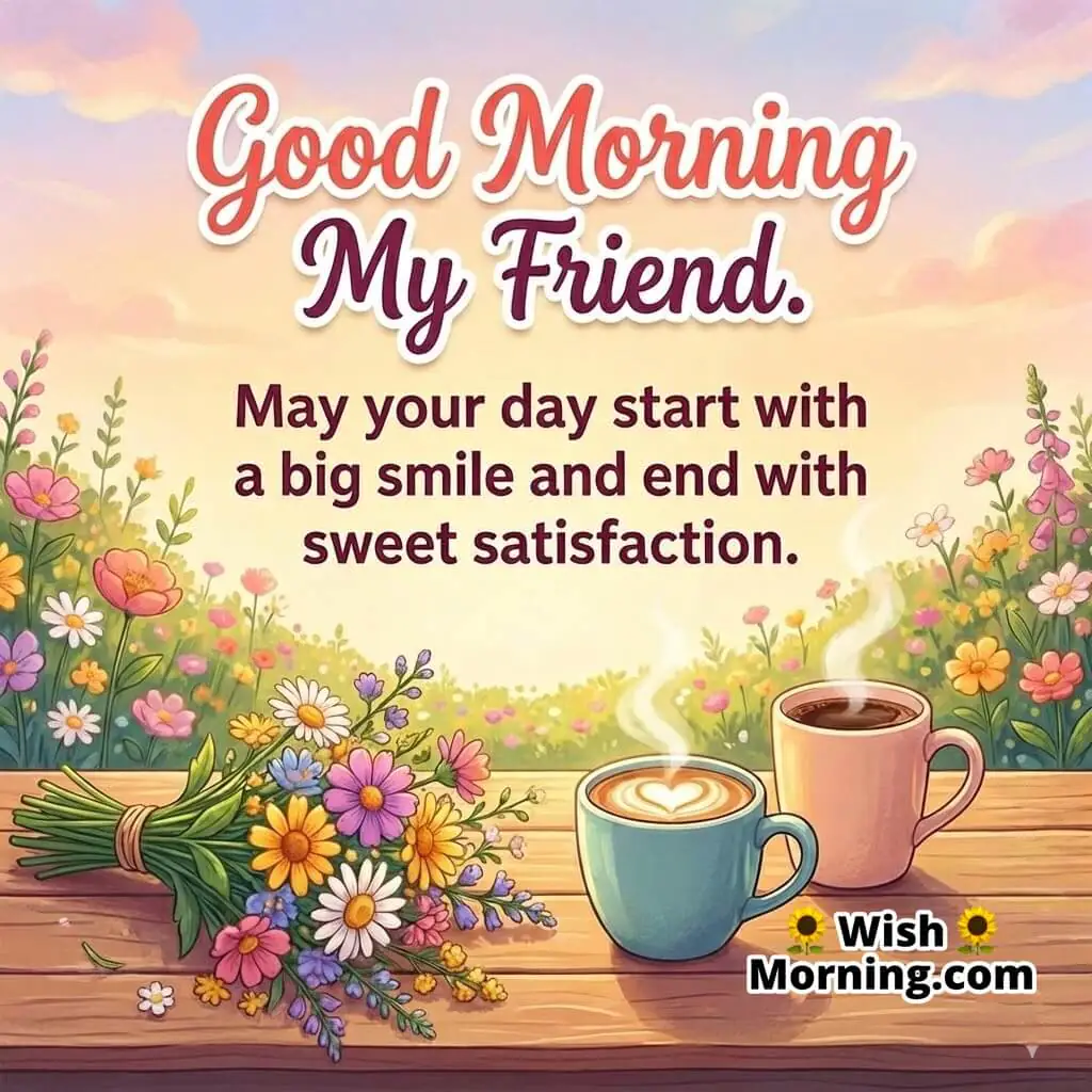 Good Morning My Friend image featuring flowers and two cups of coffee on a wooden table in a garden setting, symbolizing friendship warmth and a happy start.