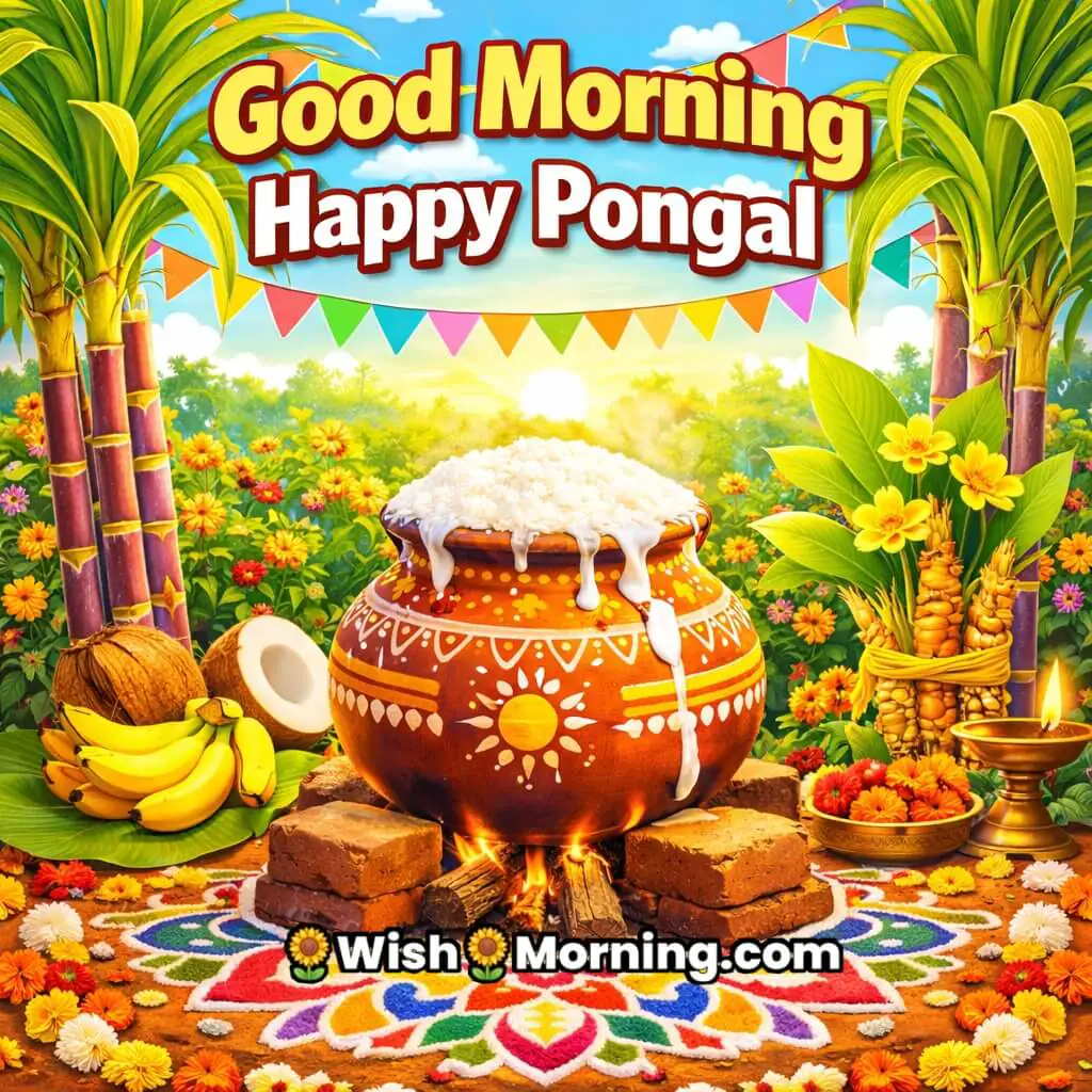 Good Morning Pongal image featuring a traditional Pongal pot boiling with rice and milk, sugarcane, flowers, rangoli, and warm morning light symbolizing harvest joy and gratitude.