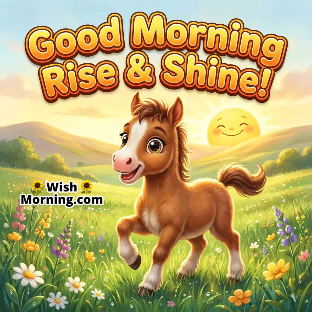 Good Morning Rise and Shine featuring a baby horse standing in a green field with sunrise light, symbolizing hope and new beginnings.