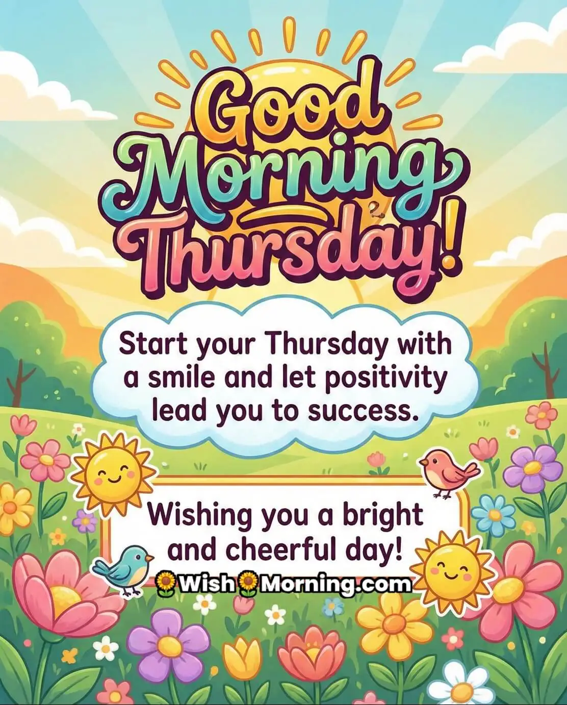 Good Morning Thursday Wish Image for a Bright Day, featuring a smiling sun, green hills, colourful flowers, and small birds under sunrise rays, symbolising cheerful vibes, positivity, and a happy start.
